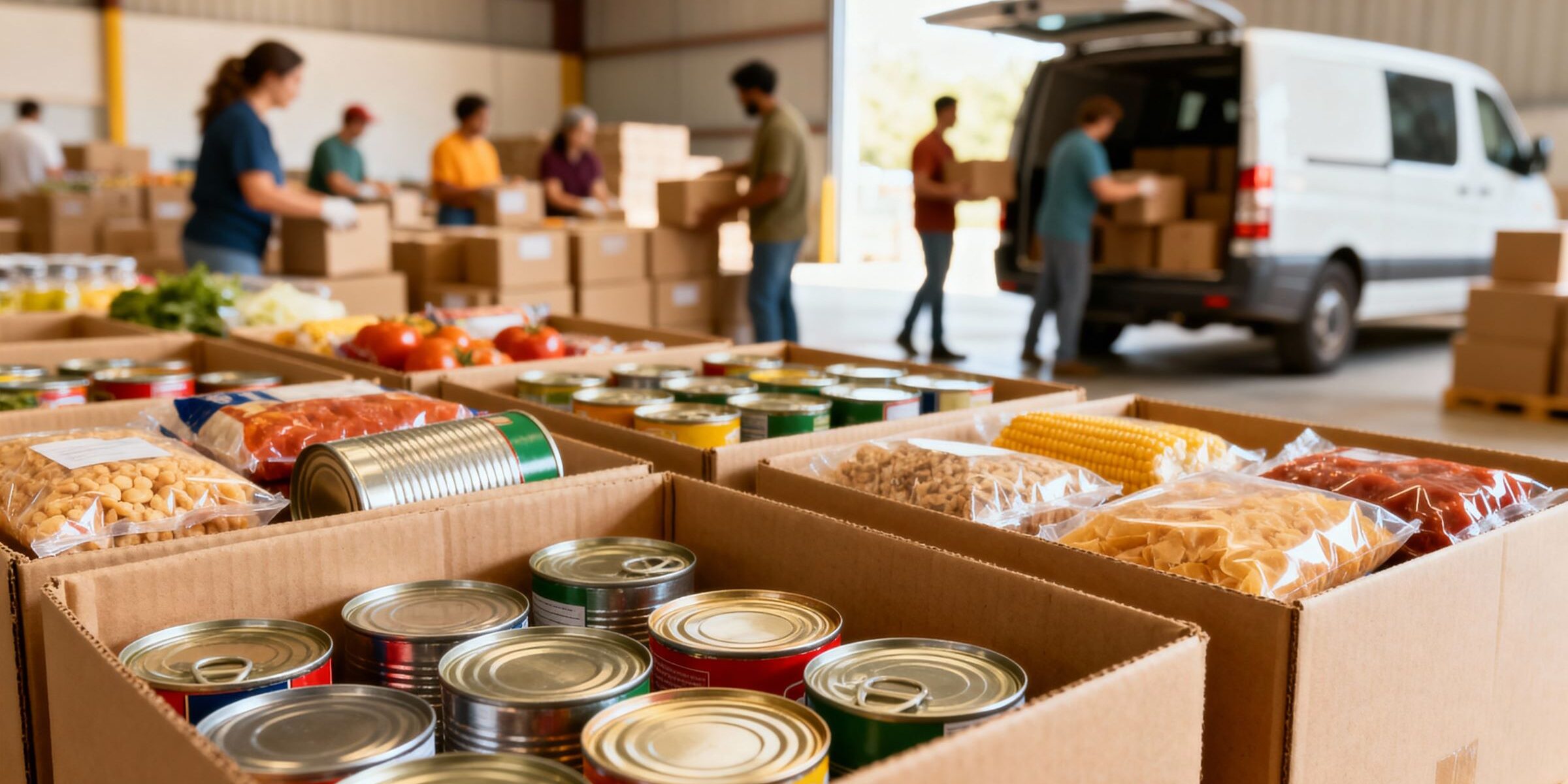 Boxes of Canned Food and Pantry donations with some people in the background
