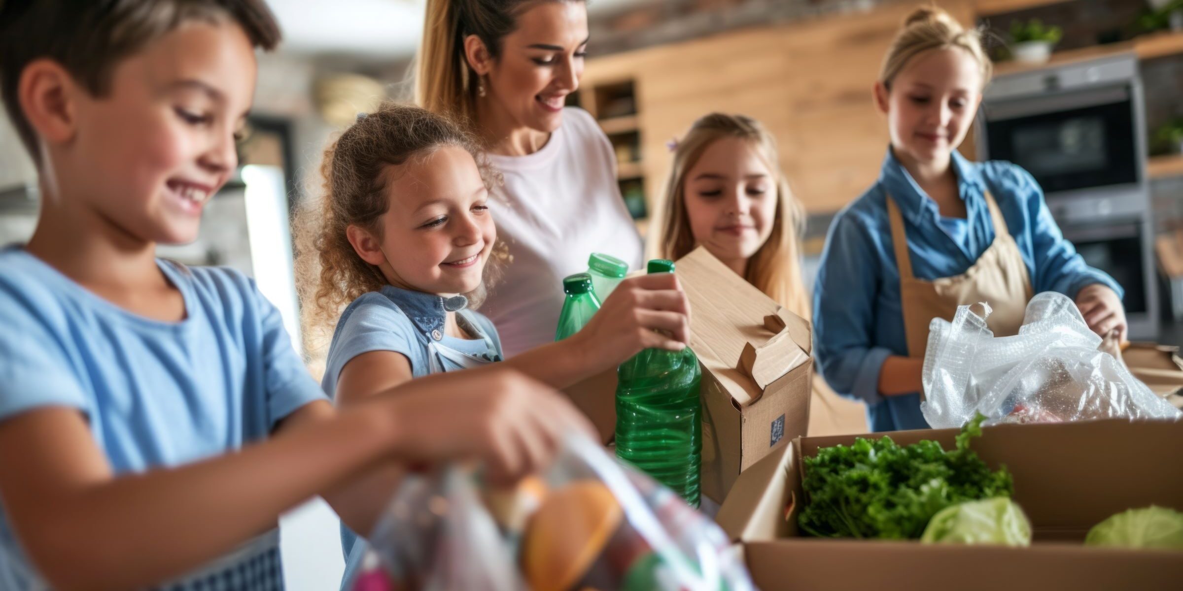 Young volunteers and a teacher working together to pack healthy food bags for a community outreach program
