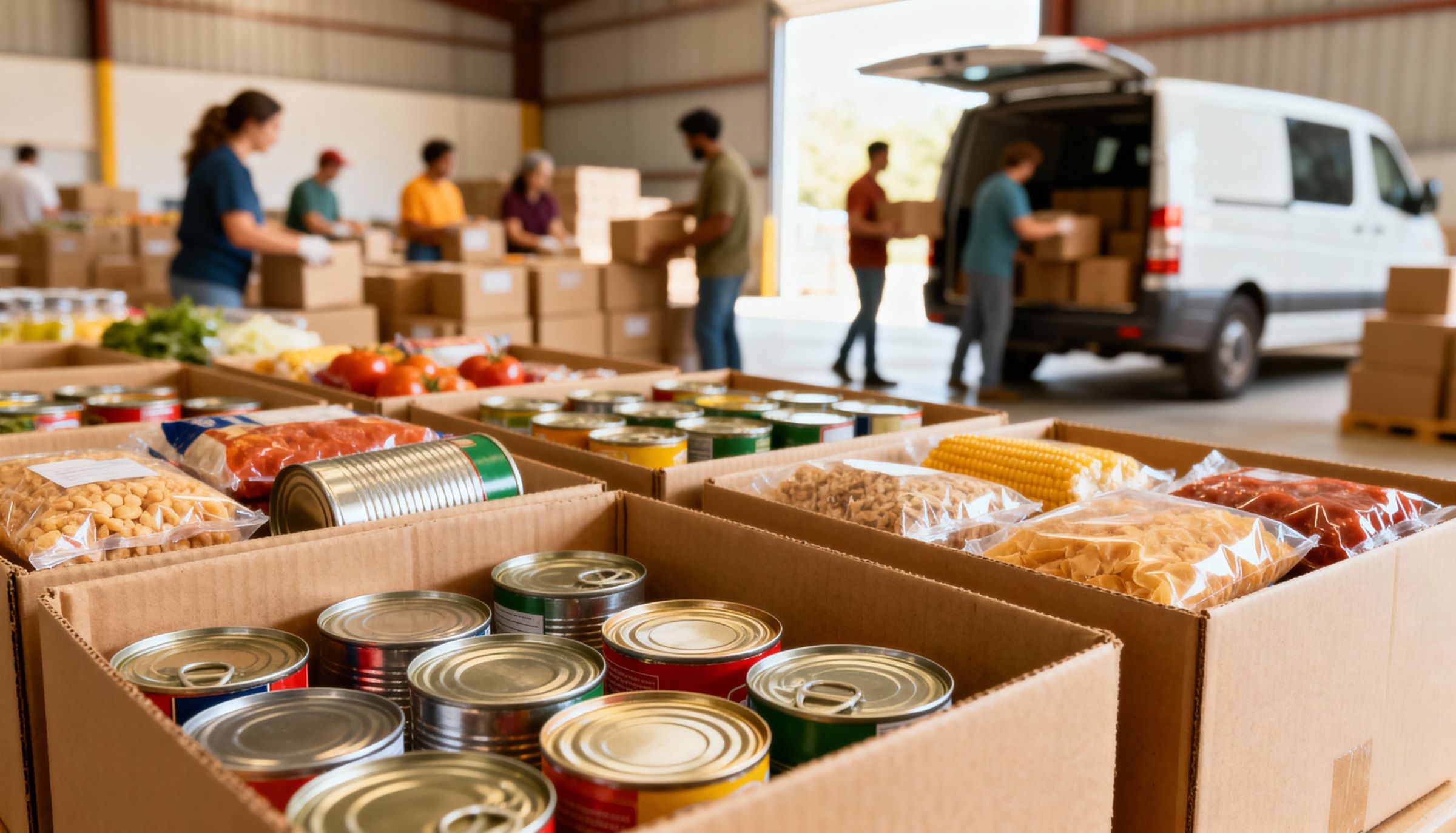 Boxes of Canned Food and Pantry donations with some people in the background