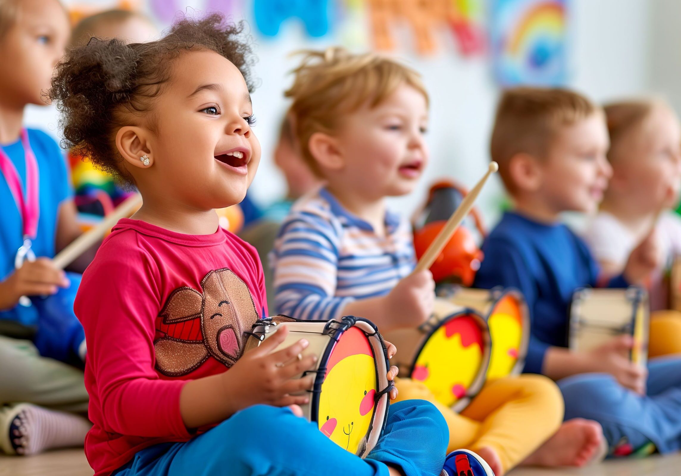 Children participating in a collaborative musical activity that promotes peer interaction and self-expression