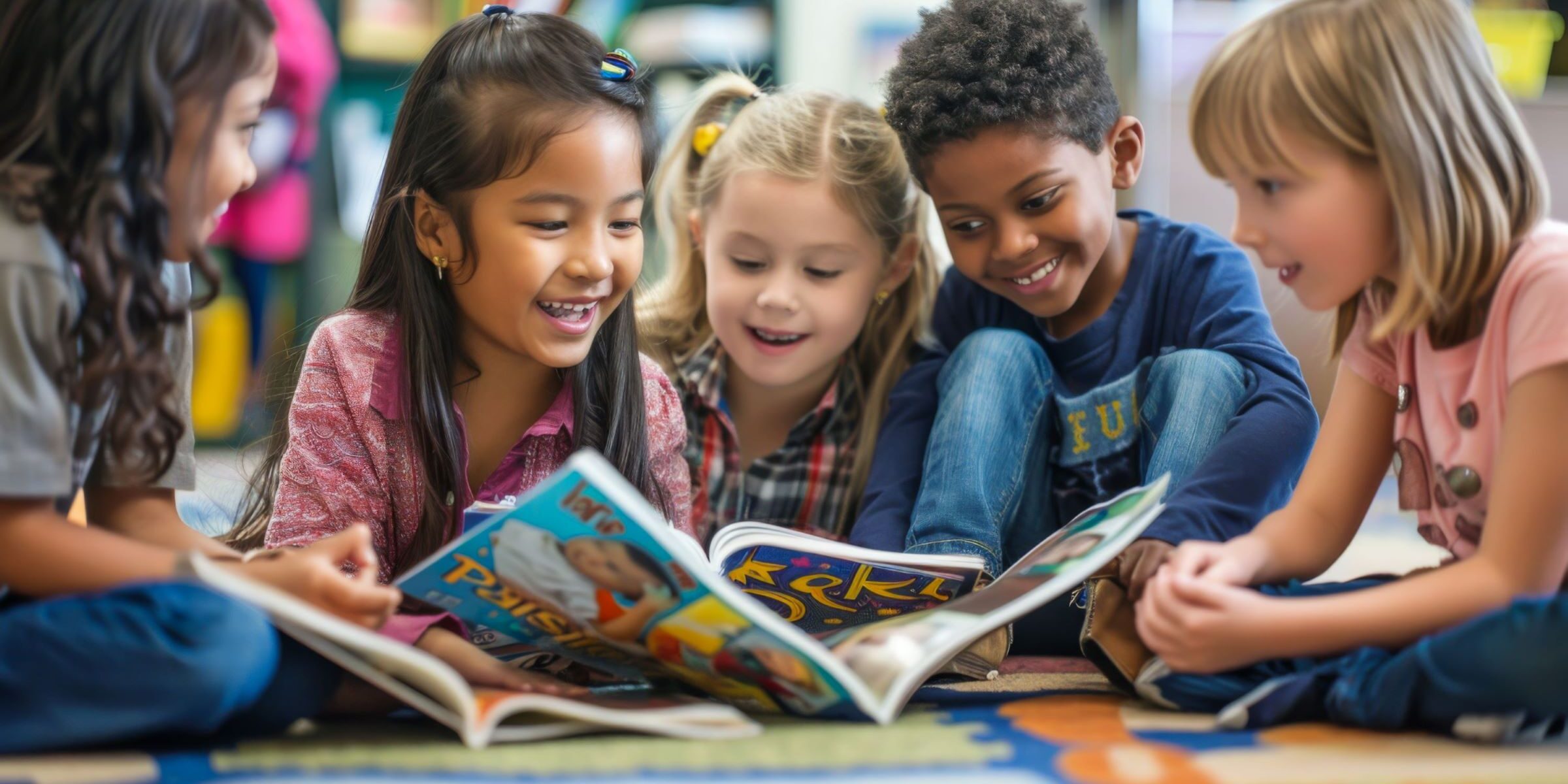 Preschool students demonstrating social-emotional bonding and early literacy skills during a collaborative reading activity.