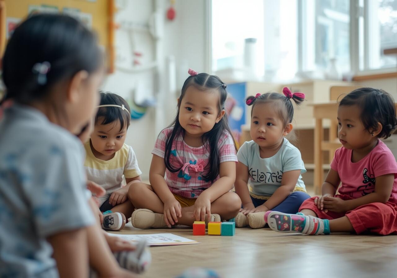 Diverse children participating in an interactive lesson within a bright, supportive Head Start classroom