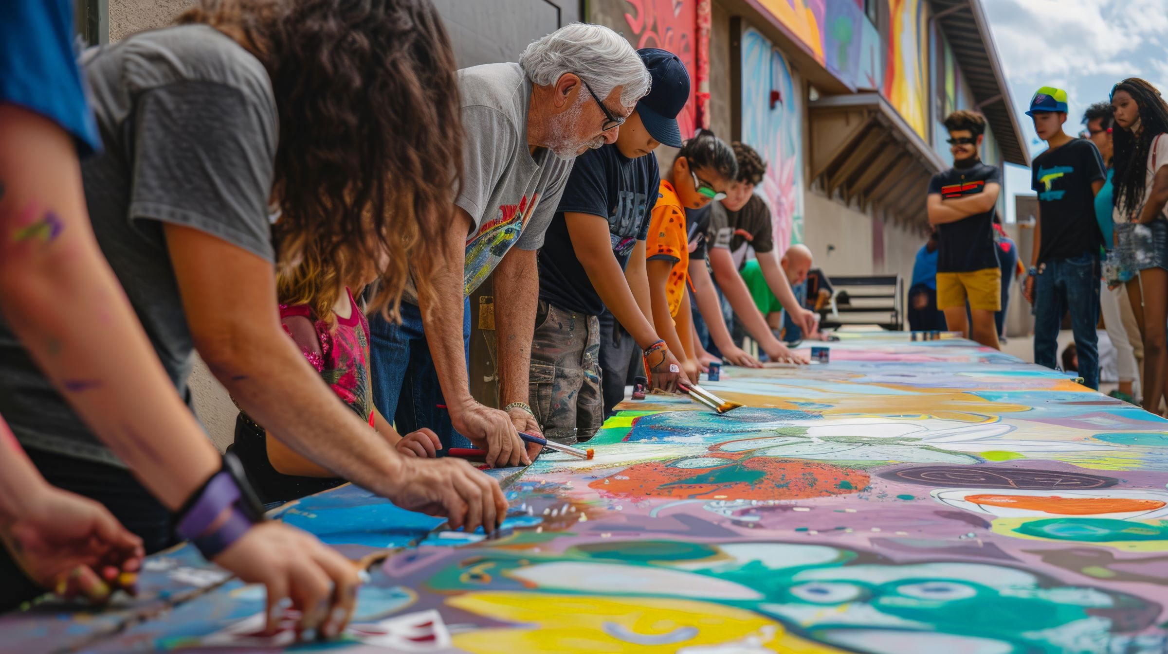 A diverse group of people leaning over a long outdoor table, using brushes to paint a vibrant, large-scale community mural together.